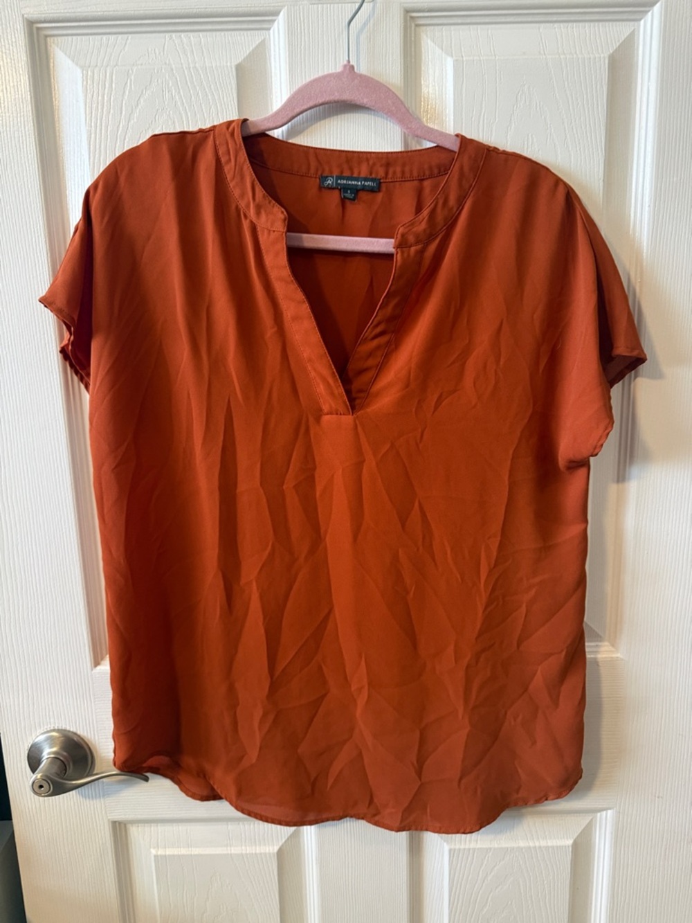 Adrianna Papell Rust Orange Short Sleeve V-Notch Blouse